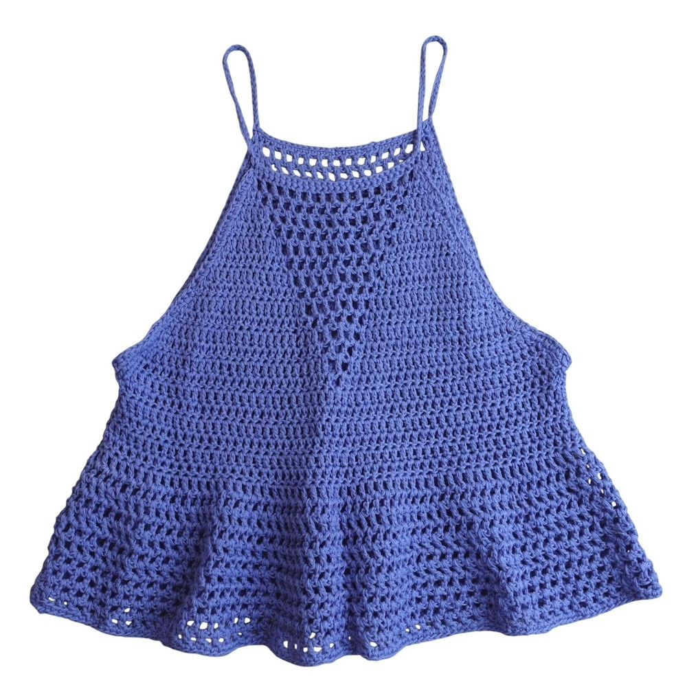 Crochet Boho Tank Top Womens Medium Coastal Blue Festival Cottage Beach Cover Up